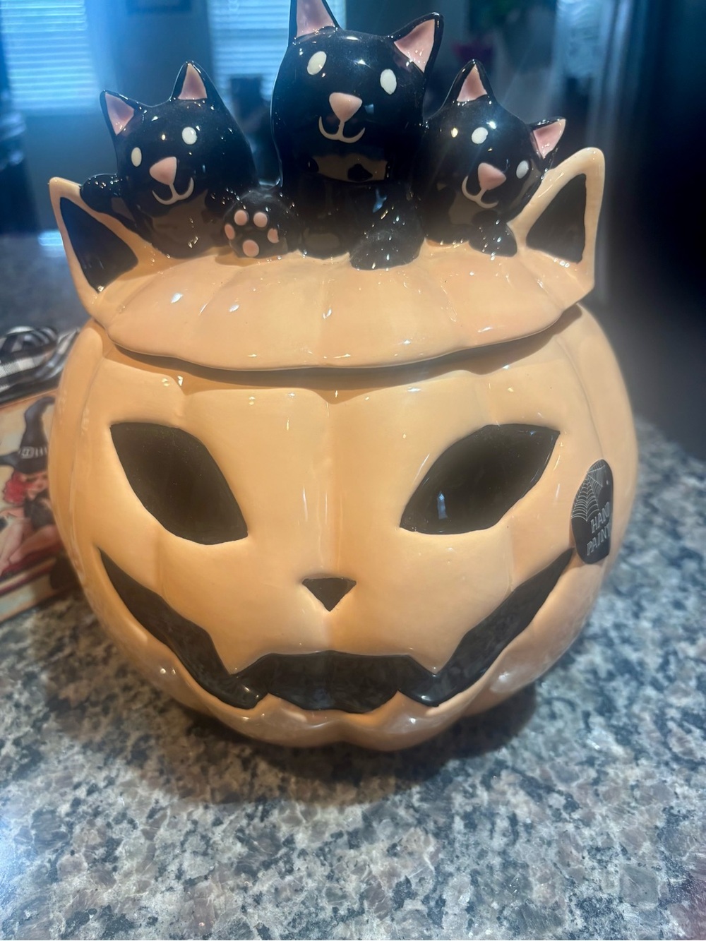 Ceramic Halloween Pumpkin Treat Jar w/ 3 Black 🐈‍⬛🐈‍⬛🐈‍⬛ on Lid🧡🖤
